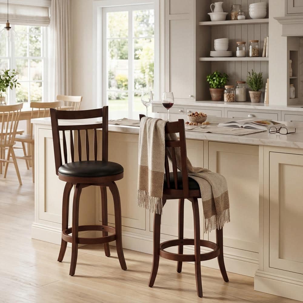 Set of 2 24 in. H Counter Height Expresso Wood Swivel Bar Stools with Back Faux Leather Upholstered Seats price history on PriceWatchPro