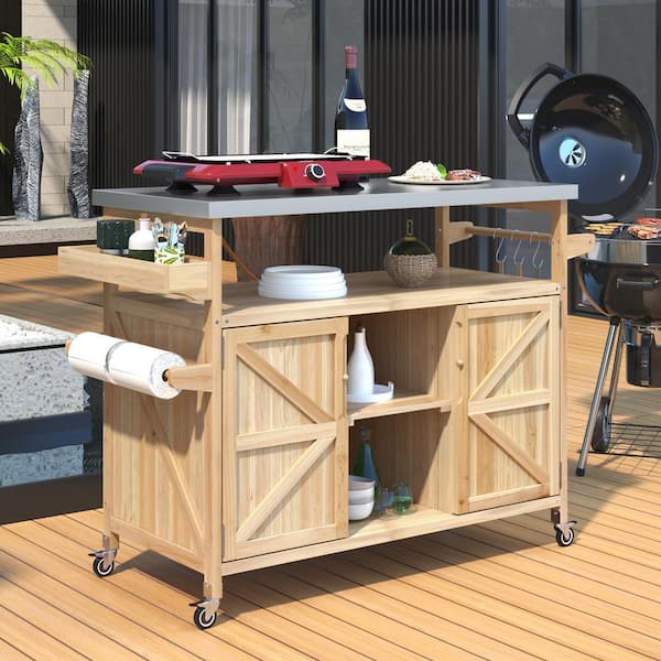 Brown Wood Outdoor Grilling Carts with Stainless Steel Top and WheelsTowel Rack for Kitchen, Backyard, Lawn