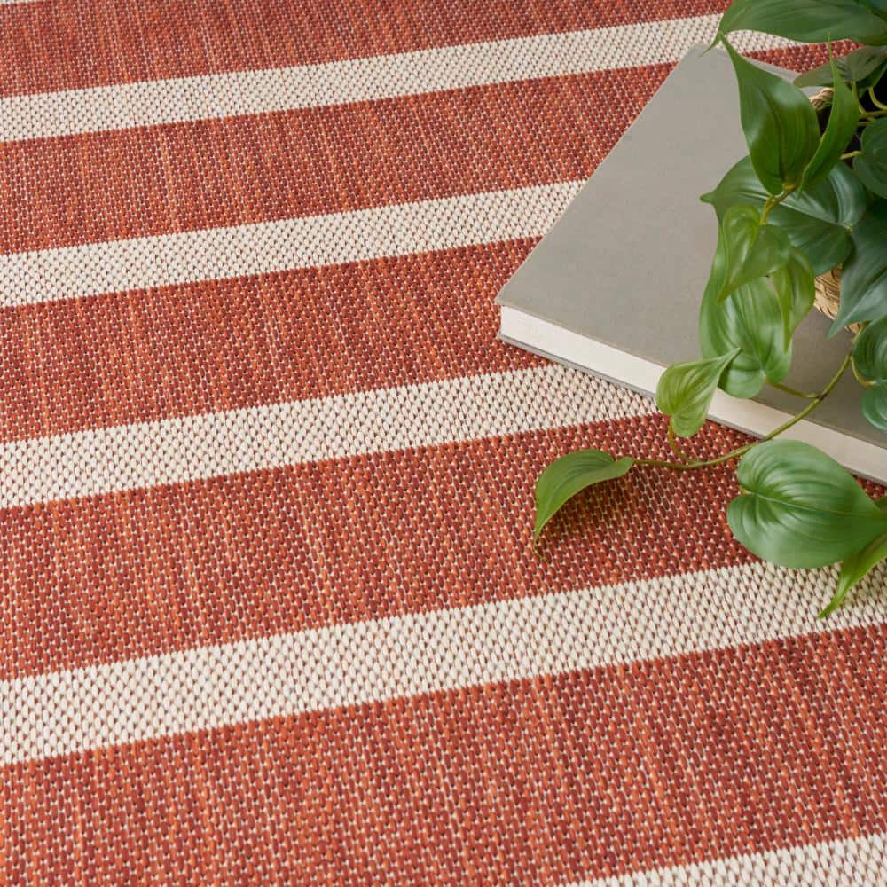 Terracotta Ivory Striped Flat Woven Outdoor Rug 6' x 9'