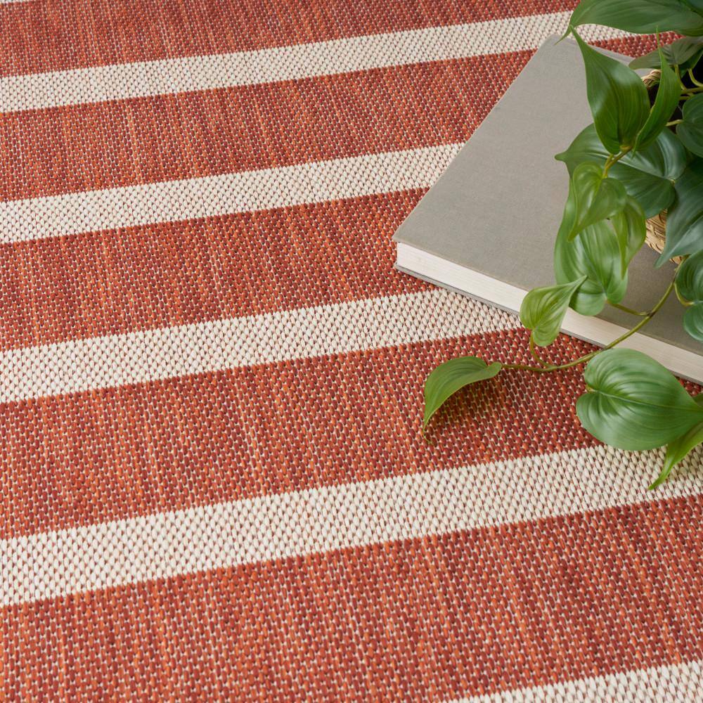 Terracotta Ivory Striped Flat Woven Outdoor Rug 6' x 9'