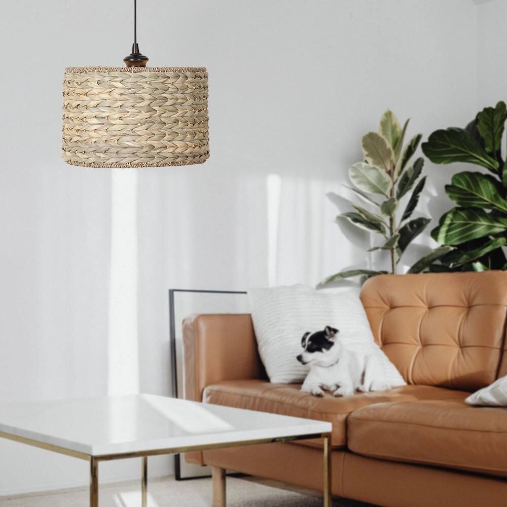 Bronze LED Drum Pendant with Seagrass Shade