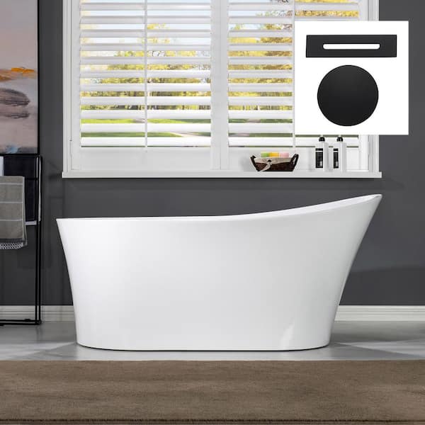 WOODBRIDGE Julissa 59 in. Acrylic FlatBottom Single Slipper Bathtub with Matte Black Overflow and Drain Included in White