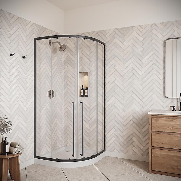 Cormor 36'' x 74" Framed Sliding Corner Shower Door,CrystalTech Treated 1/4" Tempered, Clear Glass, Matte Black Hardware