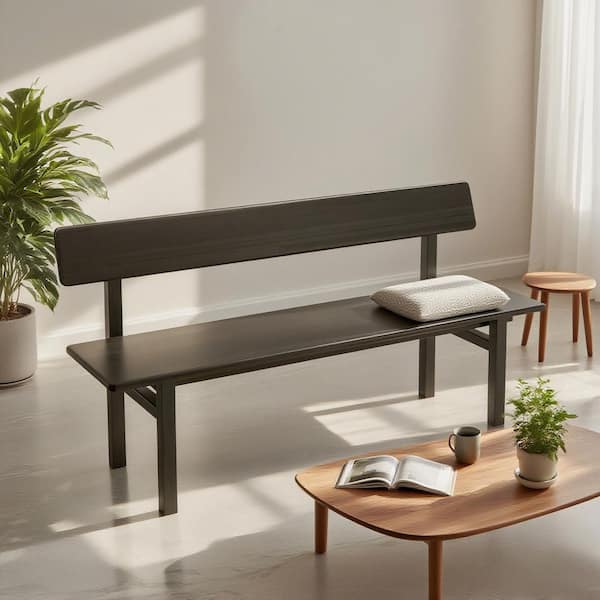 55.1 in. Black Farmhouse Solid Wood Dining Bench with Back, Long Wooden Dining Table Bench