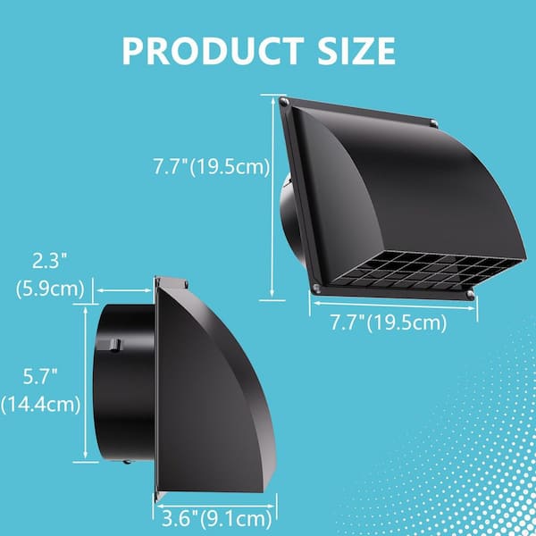 7.7 in. Black Metal Exterior Exhaust Vent Cover with Removable Screen and Cushioned Non-Return Flap