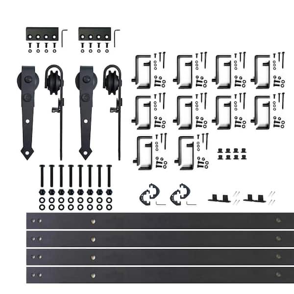 HOMACER 12 ft./144 in. Black Rustic Double Track Bypass U-Shape Sliding Barn Door Hardware Kit - Arrow Design Roller