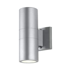 Duo 6 in. 2-Light Silver Modern Midcentury Cylinder Outdoor Metal/Glass Integrated LED Sconce with Uplight