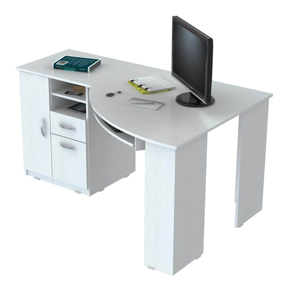 White L-Shaped Corner Desk with Drawers and Keyboard Tray