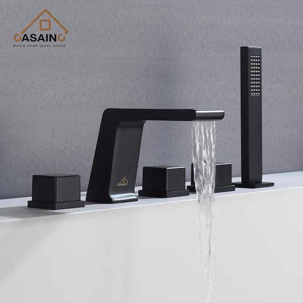 3-Handle Tub-Mount Roman Tub Faucet with Hand Shower in Matte Black
