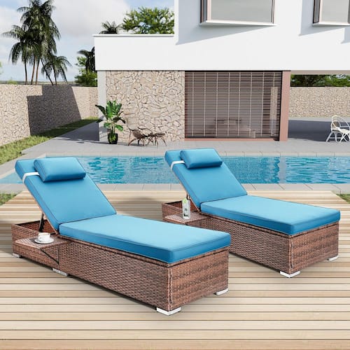 2-pieces Wicker Outdoor Chaise Lounge with Adjustable Backrest and