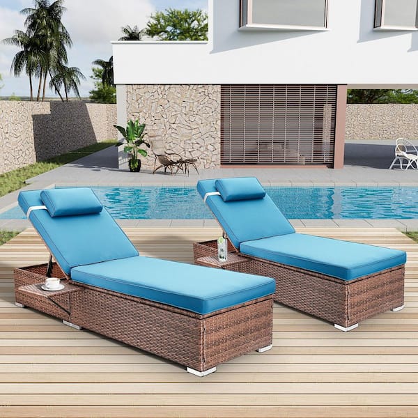 Unbranded 2-pieces Wicker Outdoor Chaise Lounge with Adjustable Backrest and Light Blue Cushions