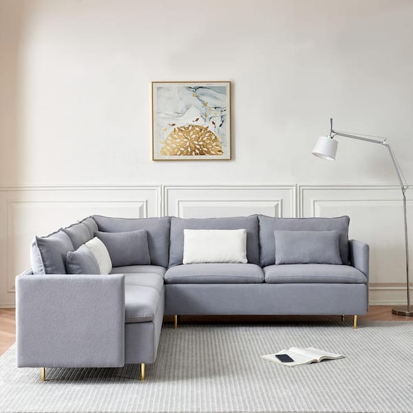 DESwan 92 in. 3-piece Teddy Fabric Upholstered L-shaped Corner Sectional Sofa in. Gray with Pillows Metal Legs