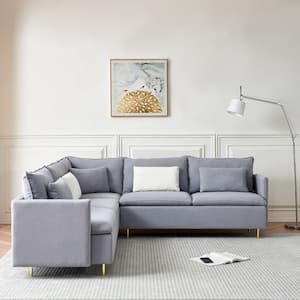 92 in. 3-piece Teddy Fabric Upholstered L-shaped Corner Sectional Sofa in. Gray with Pillows Metal Legs