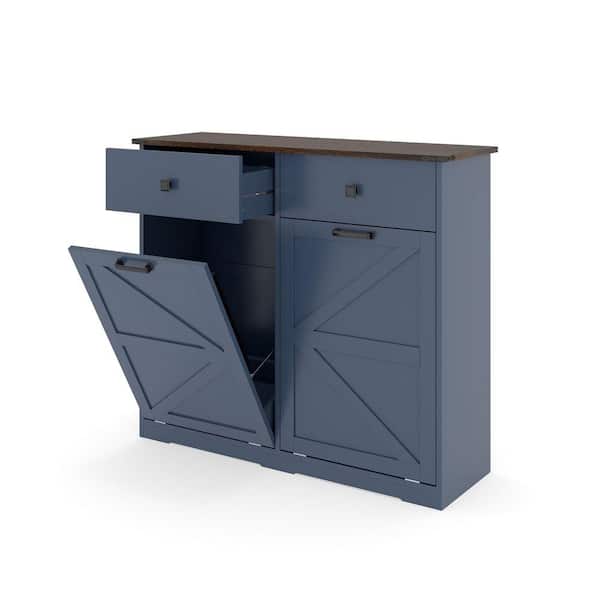 Blue Wood Tilt Out Trash Cabinet, Barn Door Laundry Sorter Cabinet with Hideaway Drawer for 20 Gal. Trash Cans