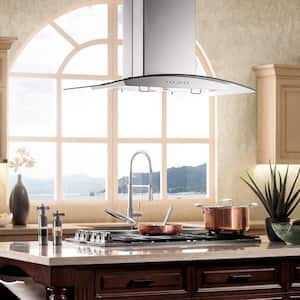 30 in. 400 CFM Convertible Island Mount Range Hood with 4 LED Lights in Stainless Steel with Curved Glass