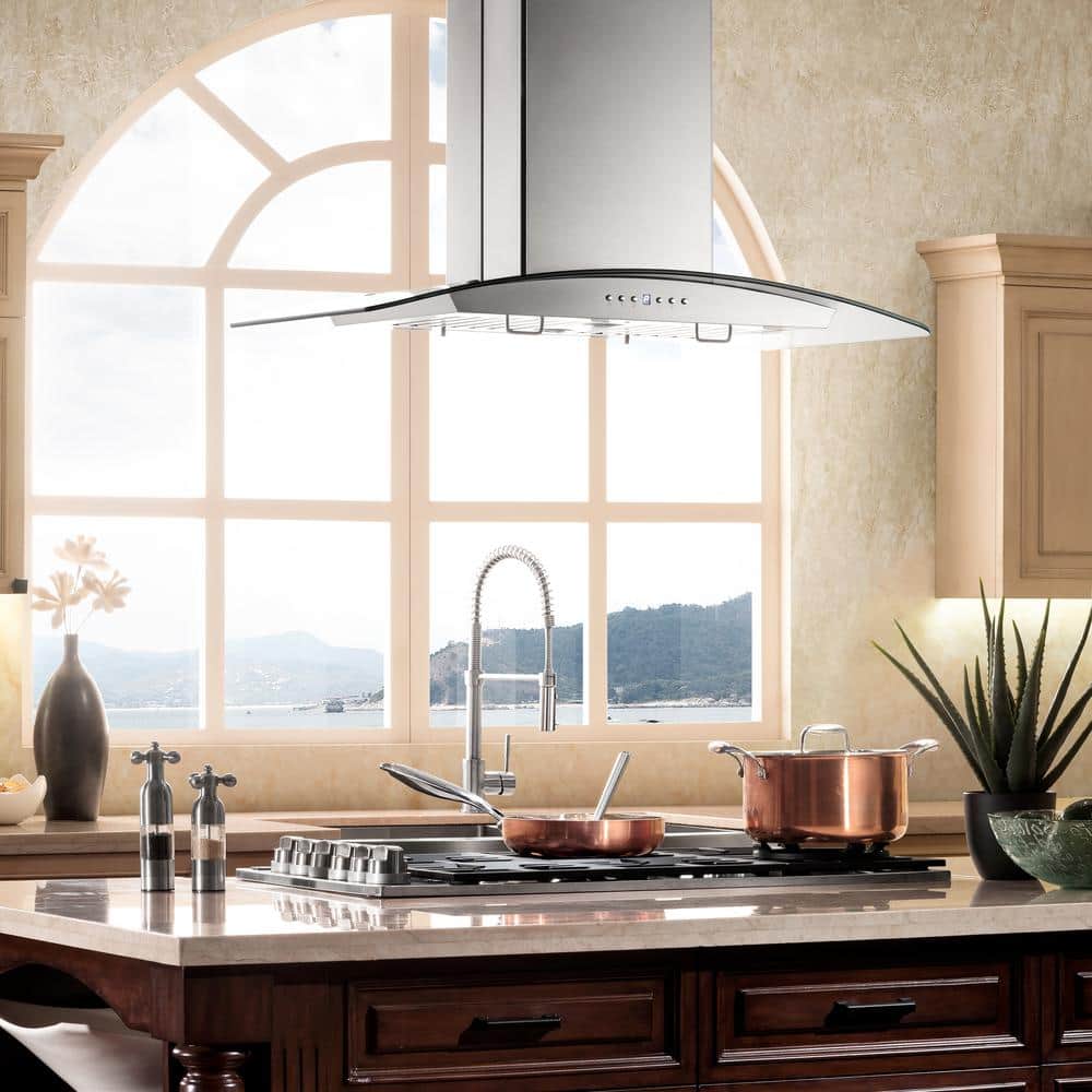 30" Stainless Steel Convertible Island Range Hood with Glass Canopy