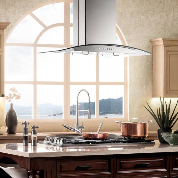 ZLINE Kitchen and Bath 30 in. 400 CFM Convertible Island Mount Range Hood with 4 LED Lights in Stainless Steel with Curved Glass GL14i 30