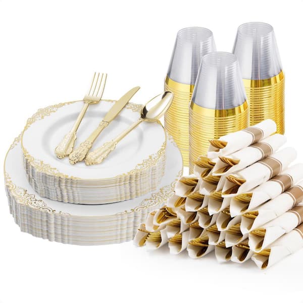 175 Piece Gold Rim Plastic Dinnerware Set with Plates, Silverware, Cups, and Napkins for 25 Guests