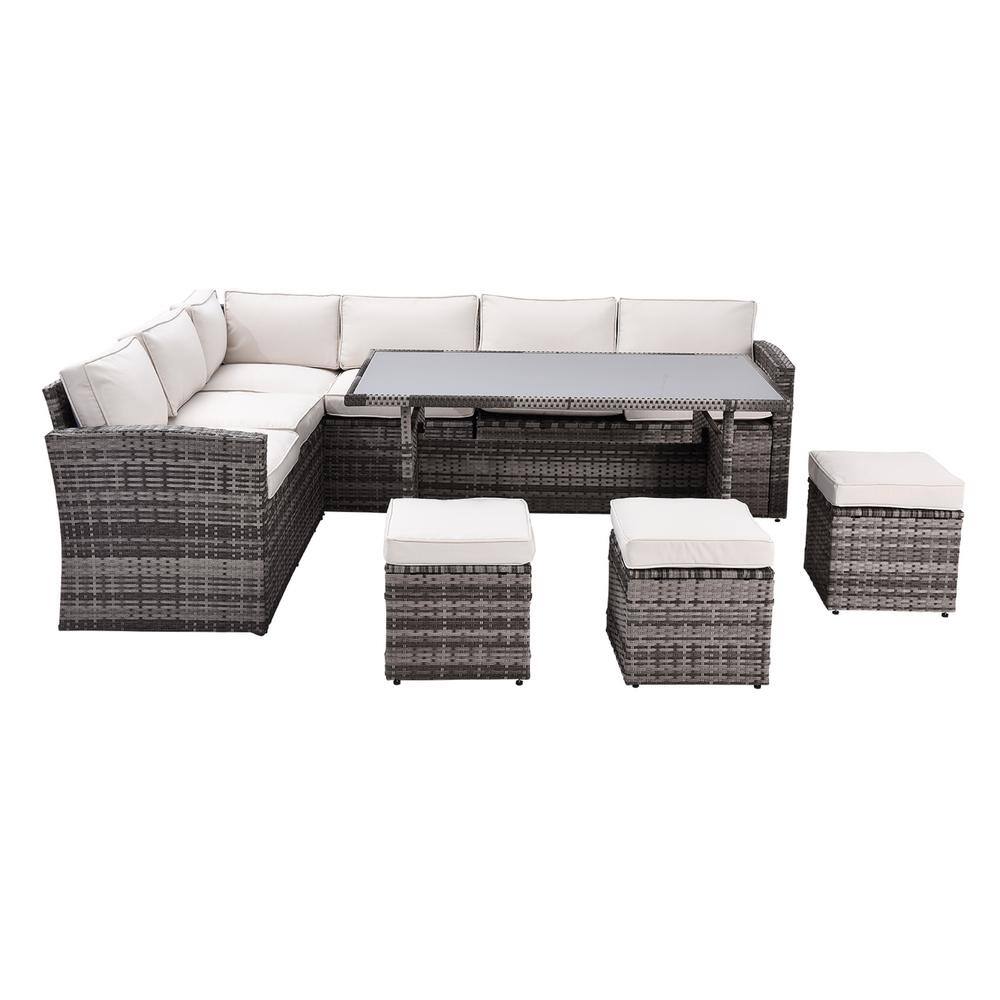 Gray 7-Piece Wicker Outdoor Sectional Sofa Set with Thick Beige Cushions, D