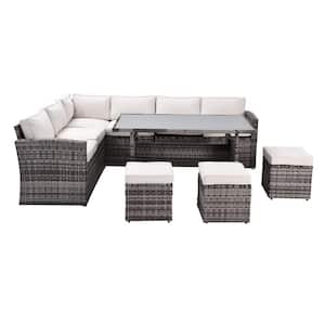 Gray 7-Piece Wicker Outdoor Sectional Sofa Set with Thick Beige Cushions, Dining Table, Chairs and Ottomans for yard