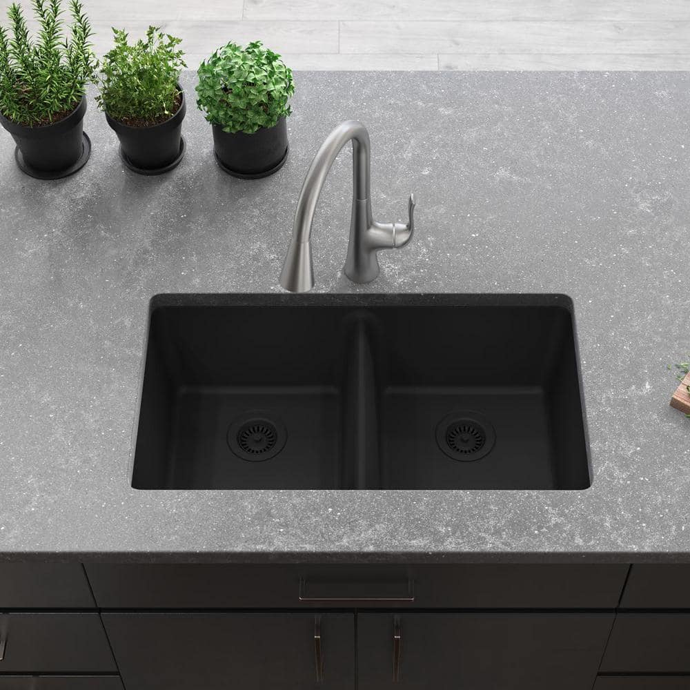 Matte Black Quartz Double Bowl Undermount Kitchen Sink
