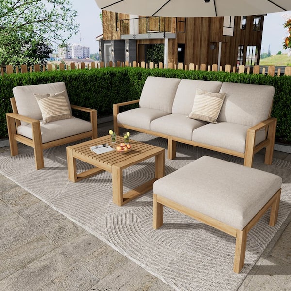 4-Piece Brown Acacia Wood Patio Conversation Set with Light Gray Cushions