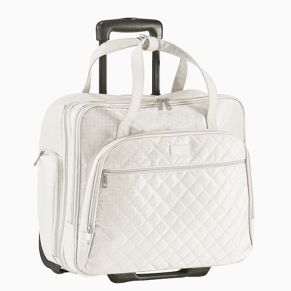 Rolling Laptop Bag, Fits 15.6 In., 2 Fixed Wheels and Telescopic Handle, for Work Travel Office, Women, white