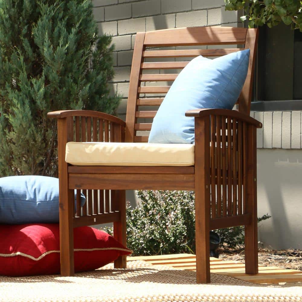 Dark Brown Acacia Wood Patio Chairs with Beige Cushions - Set of 2