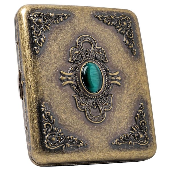 0.79 in.H X 3.77 in.W Vintage Style Bronze Imitation Emerald Metal Decorative Cigar Case with Double-Sided Spring Clip