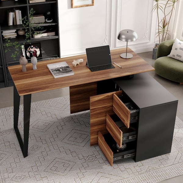 FUFU&GAGA 54.3 in. Reversible L-Shaped Brown Wood Writing Desk