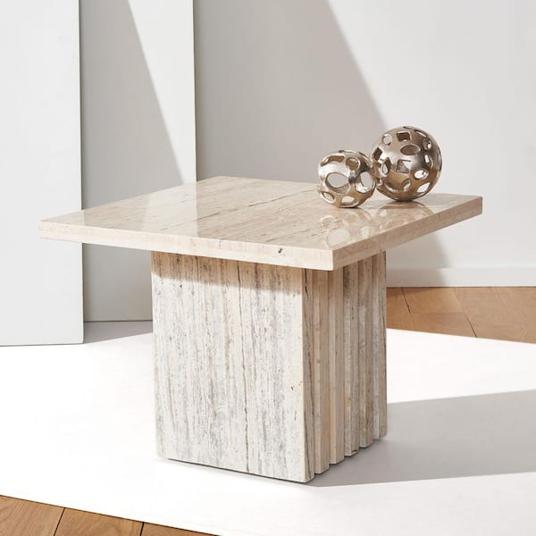 Olivia 21 in. Off White Square Travertine End Table