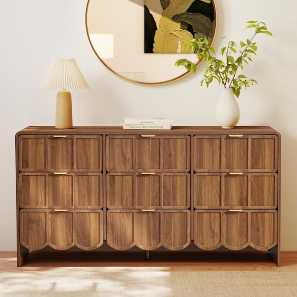 brown scalloped dresser ATHMILE 9-Drawer Wide Dresser, Walnut MDF Chest for Large Storage & Media Condition:Used Good - Excellent wide dresser is a truefit:root:two-lovers-low-rise-pants-black Strapless Light Blue Lace