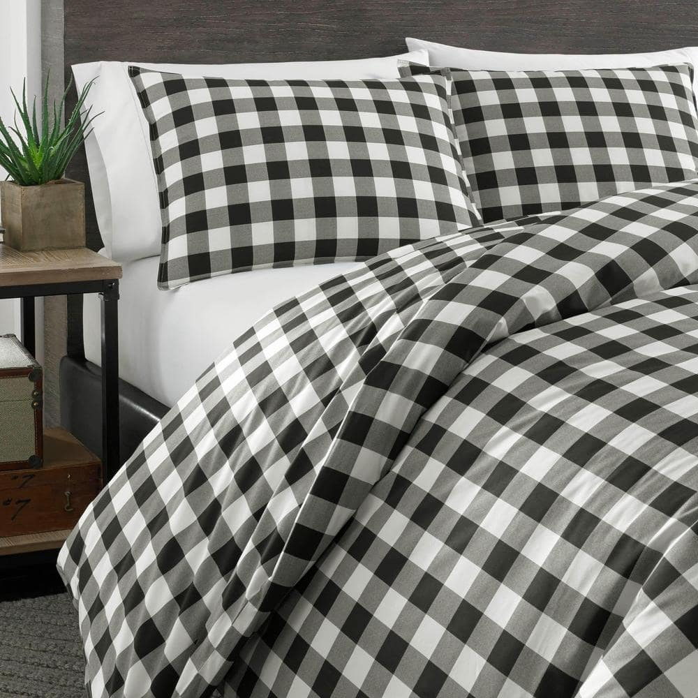 Twin Black and White Cotton Plaid Duvet Cover Set