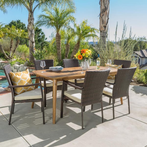 Noble House Emmalynn 7-Piece Wood and Faux Rattan Outdoor Dining Set with Cream Cushion