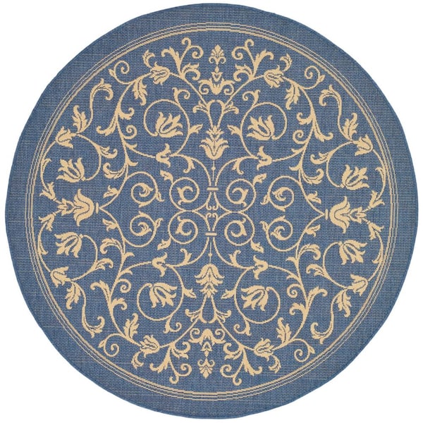 SAFAVIEH Courtyard Blue/Natural 5 ft. x 5 ft. Round Border Indoor/Outdoor Patio  Area Rug