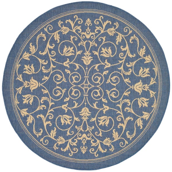 SAFAVIEH Courtyard Blue/Natural 7 ft. x 7 ft. Round Border Indoor/Outdoor Patio  Area Rug