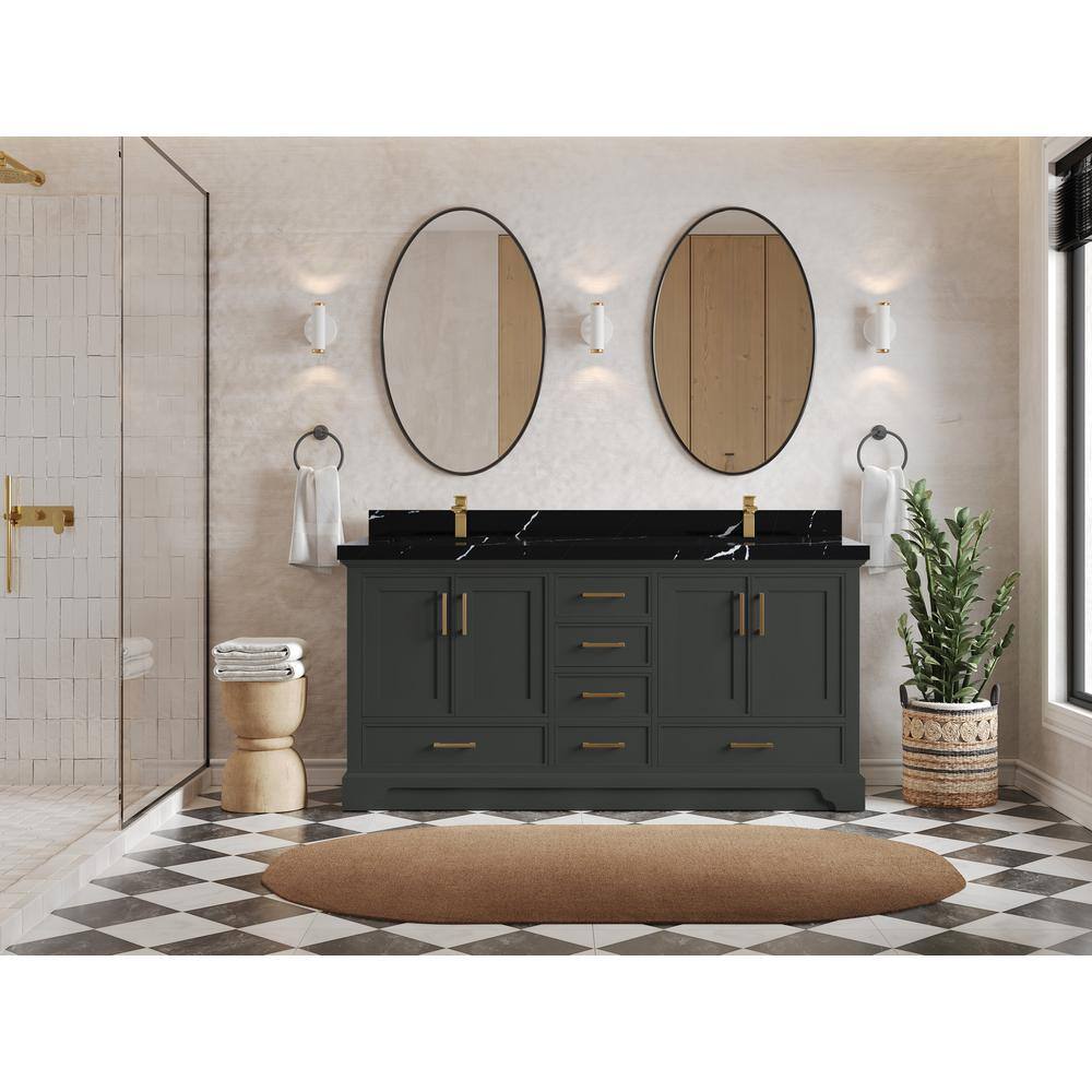 Charlotte 72" Double Sink Black Quartz Top Freestanding Vanity