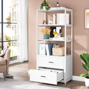 Kaduna 23.6 in. Wide White 4-Shelf Etagere Bookcase with 2-Drawers