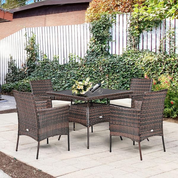 5-Piece Wicker Patio Rattan Dining Furniture Set Armrest Sofa Chair Glass Table