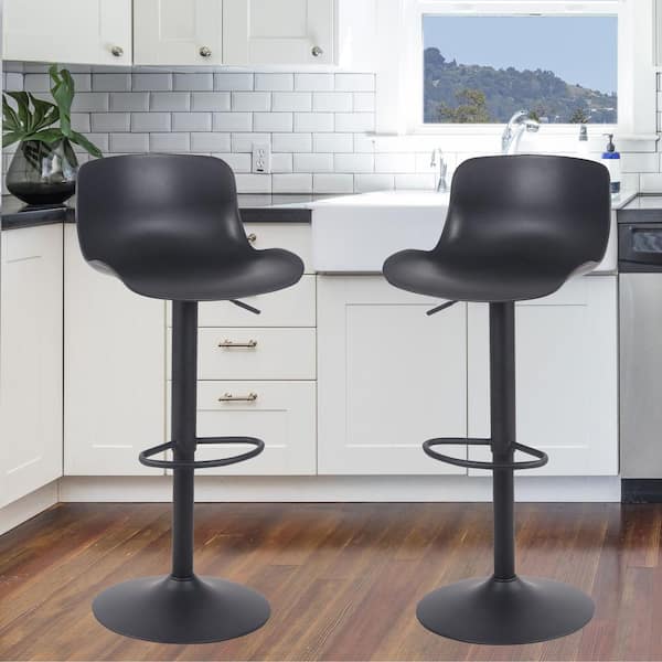 Solid Color Molded Plastic 32 in. Black, Low Back, Black Matte Metal Bar Stool (Set of 2)