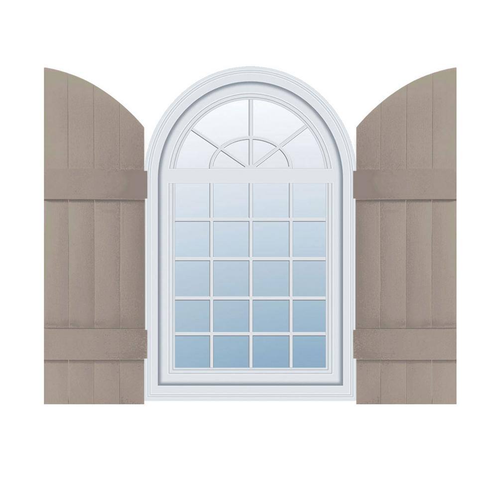 14 in. W x 53 in. H Vinyl Exterior Arch Top Joined Board and Batten Shutters Pair in Clay