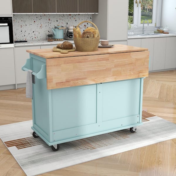 Polibi Mint Green Kitchen Cart with Wood Drop-Leaf Countertop