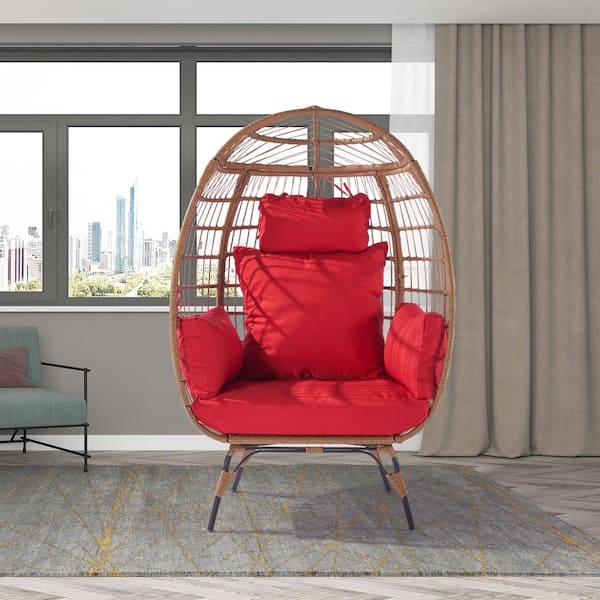 Boosicavelly Oversized Indoor Outdoor Wicker Egg Chair and Steel Frame 440lb Capacity with Red Cushion