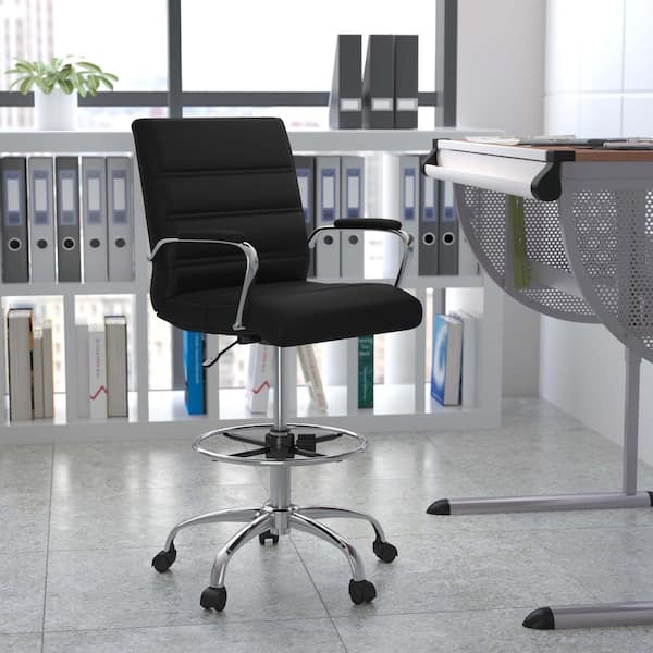 Black/Chrome Whitney Mid-Back Swivel Leather Soft Drafting Chair, Adjustable Height Padded Office Chair with Foot Ring