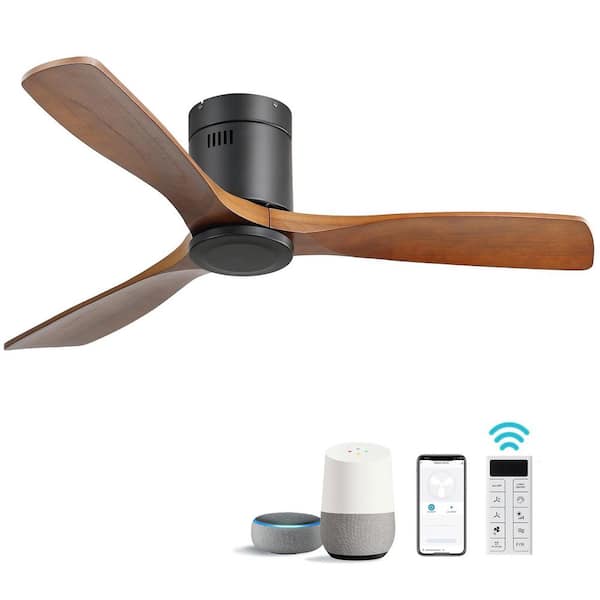 52 in. Indoor/Outdoor Smart Standard Flush Mount Black Solid Wood Ceiling Fan without Light, Remote/APP Control