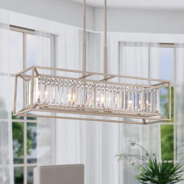 Linares 60-Watt 4-Light Aged Platinum Glam Pendant Light with Crystal Prisms Shade and No Bulbs Included