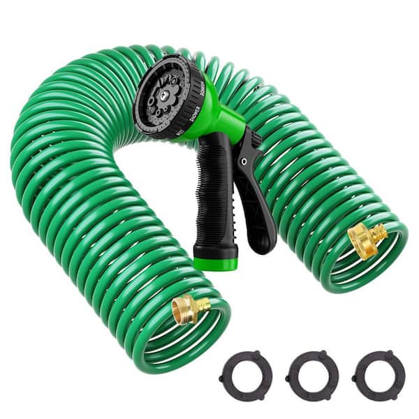 3/4 in. x 25 ft. Standard-Duty Coil Garden Hose with 10-Function Green Sprayer