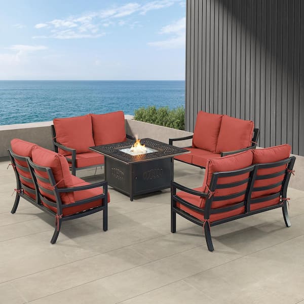 Oakland Living Black 6-Piece Aluminum Patio Fire Pit with 4-Deep Seating Loveseat Red Cushions