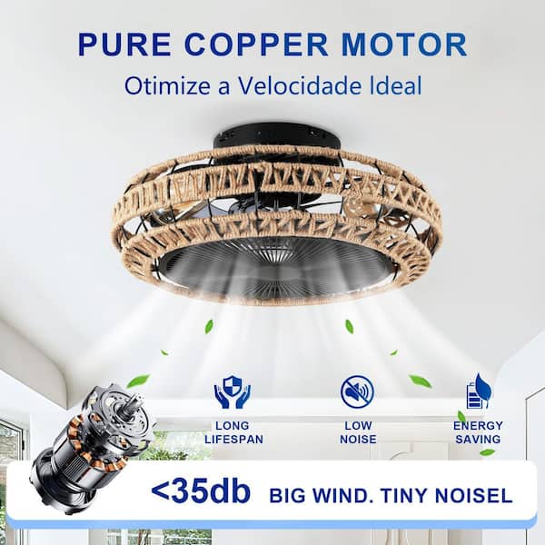 20 in. Black-A Standard Ceiling Fan with Light and Remote-Rope Cage Farmhouse Ceiling Fan, Time for Living Room