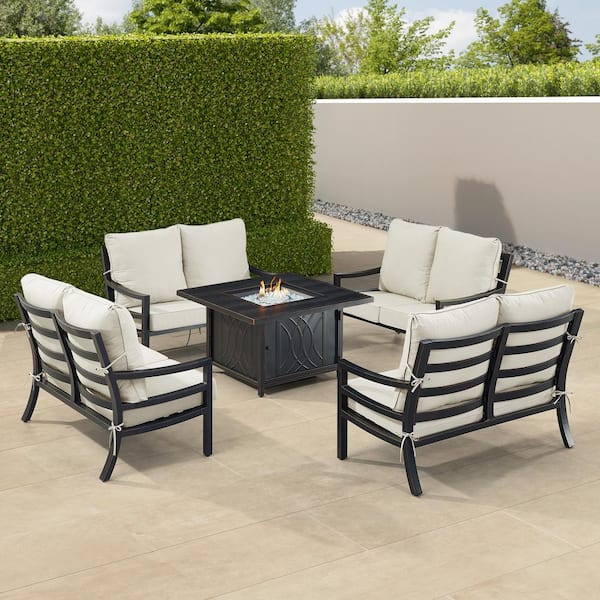 Oakland Living Black 6-Piece Aluminum Patio Fire Pit with 4-Deep Seating Loveseat Light Grey Cushions